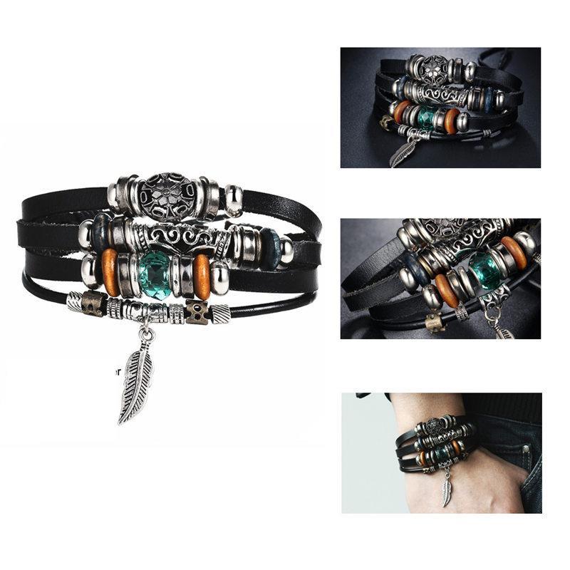 Boho Multilayer Leather Wrap Bracelet with Gemstone Beads