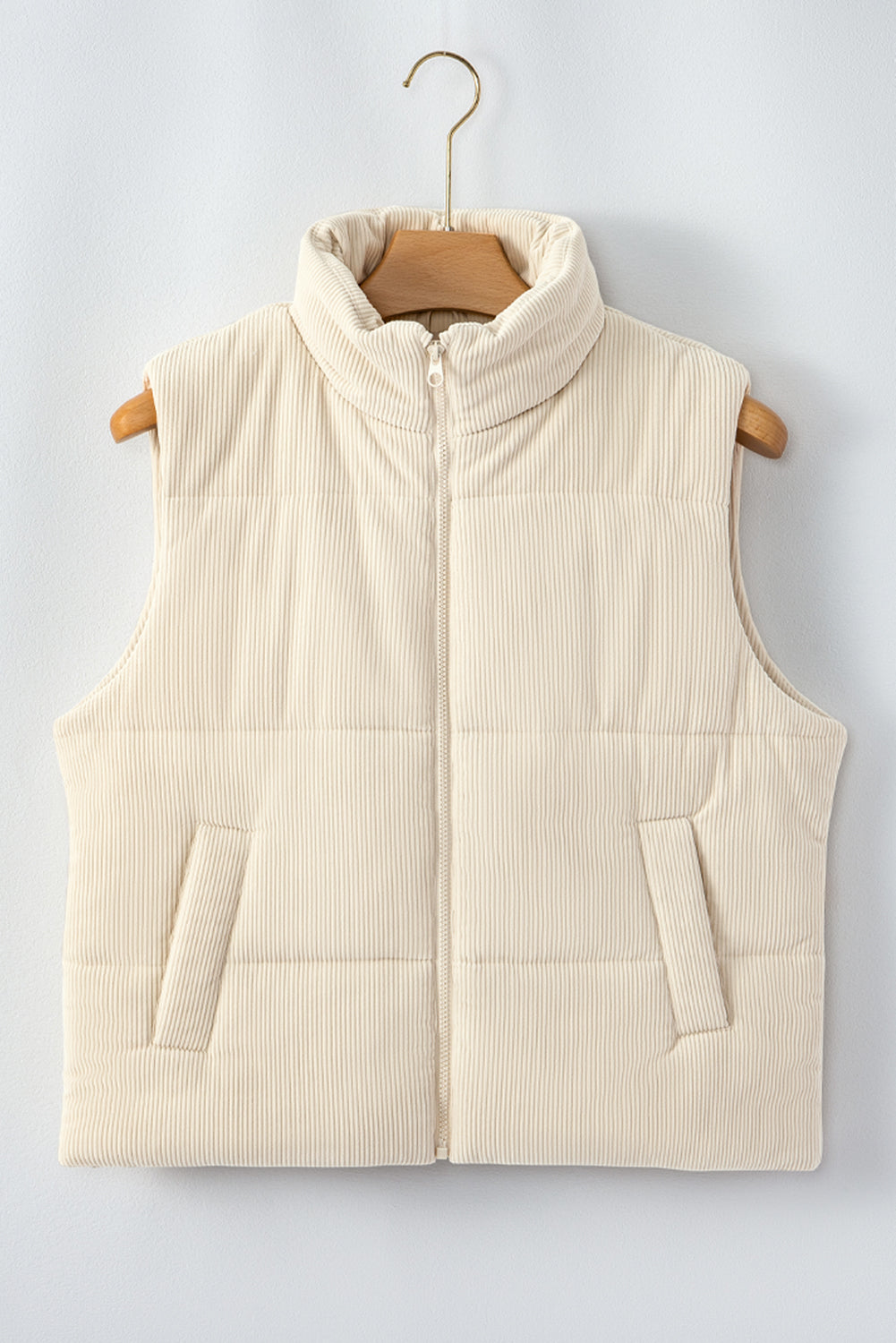 Women's Corduroy Stand Neck Zipped Puffer Vest Cropped Outerwear