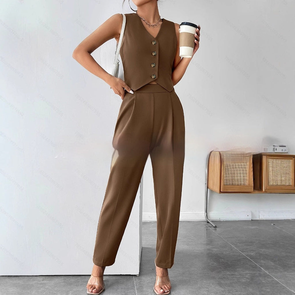 Women’s Coffee Sleeveless Vest and Trouser Jumpsuit Set - Image 3