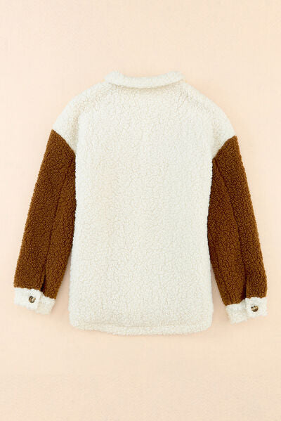 Women's Retro Sherpa Color Block Jacket with Collared Neck