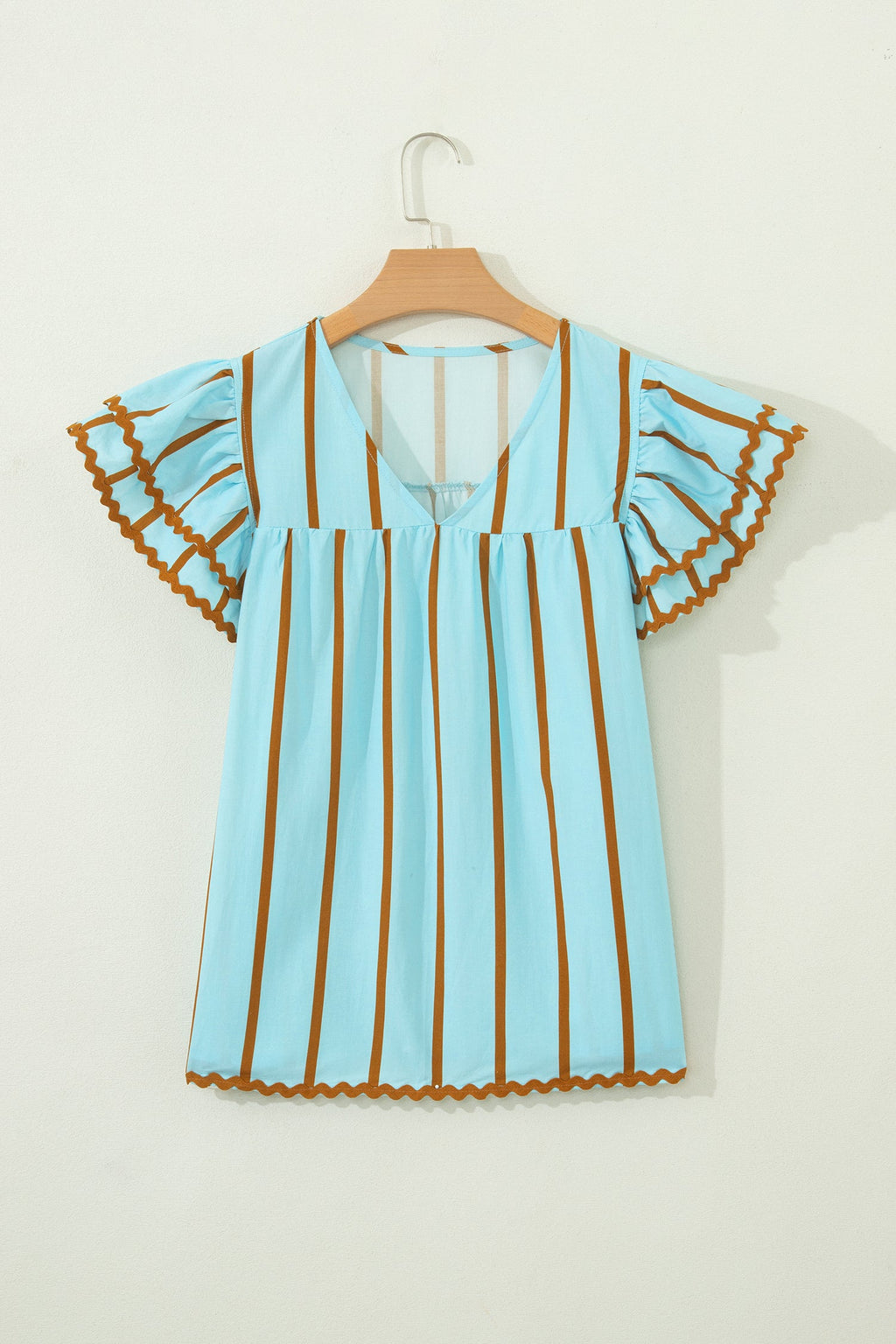 Malaysia Ruffled Short Sleeve Blouse in Light-Blue and Brown