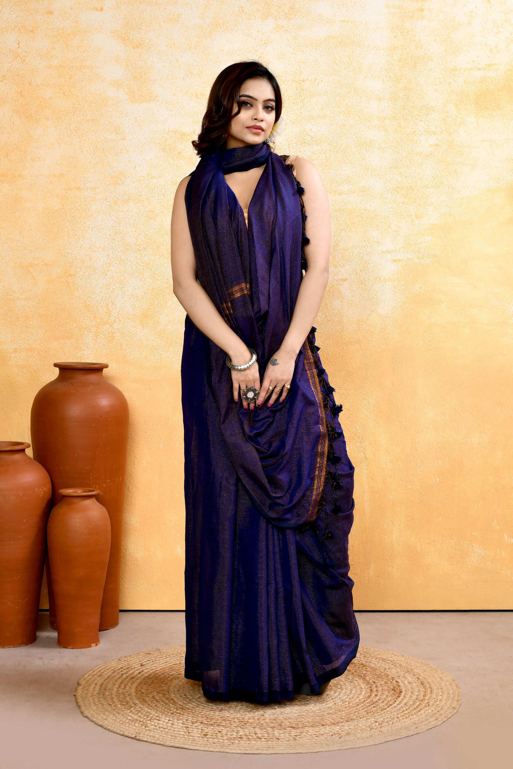 Navy Blue Embellished Cotton Blend Zari Check Handloom Saree