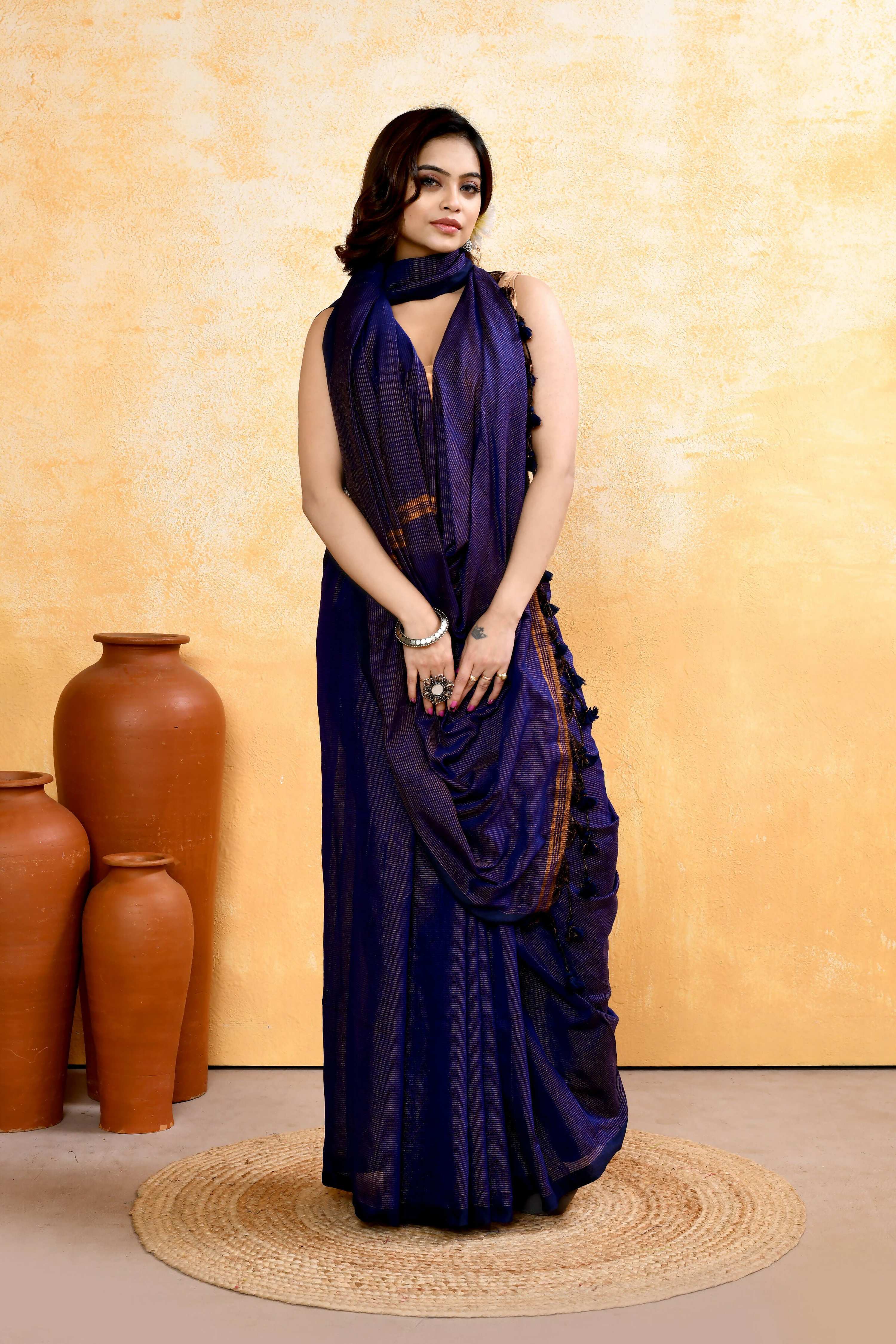 Navy Blue Embellished Cotton Blend Zari Check Handloom Saree