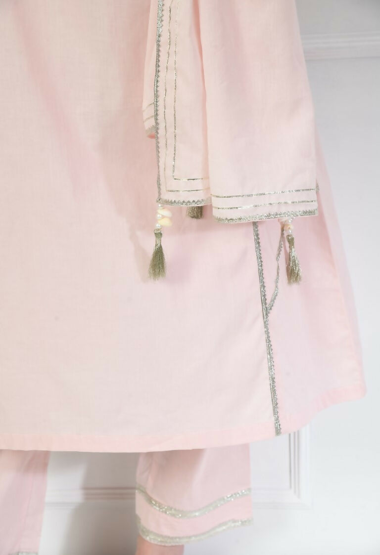 Cream Cotton Kurta Set with Organza Dupatta - 3 Piece Suit