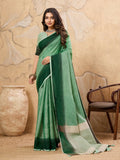 Pista green linen saree with matching blouse piece draped elegantly
