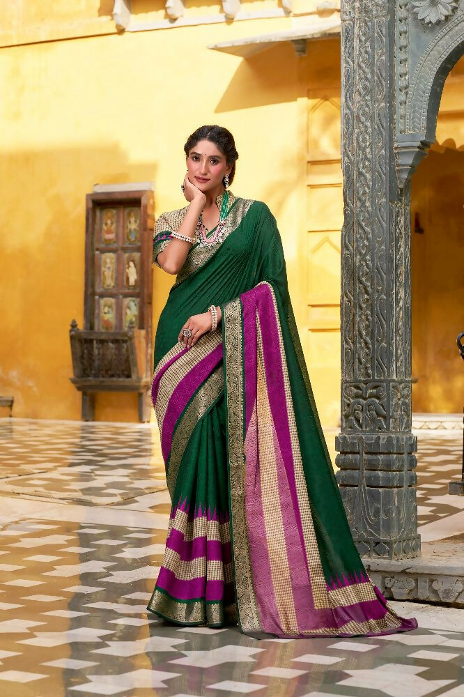 Green Poly Cotton Saree with Zari Weaving and Prints