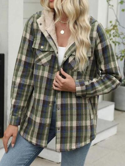Plush Plaid Snap Down Hooded Jacket Cozy Warm Casual Outerwear