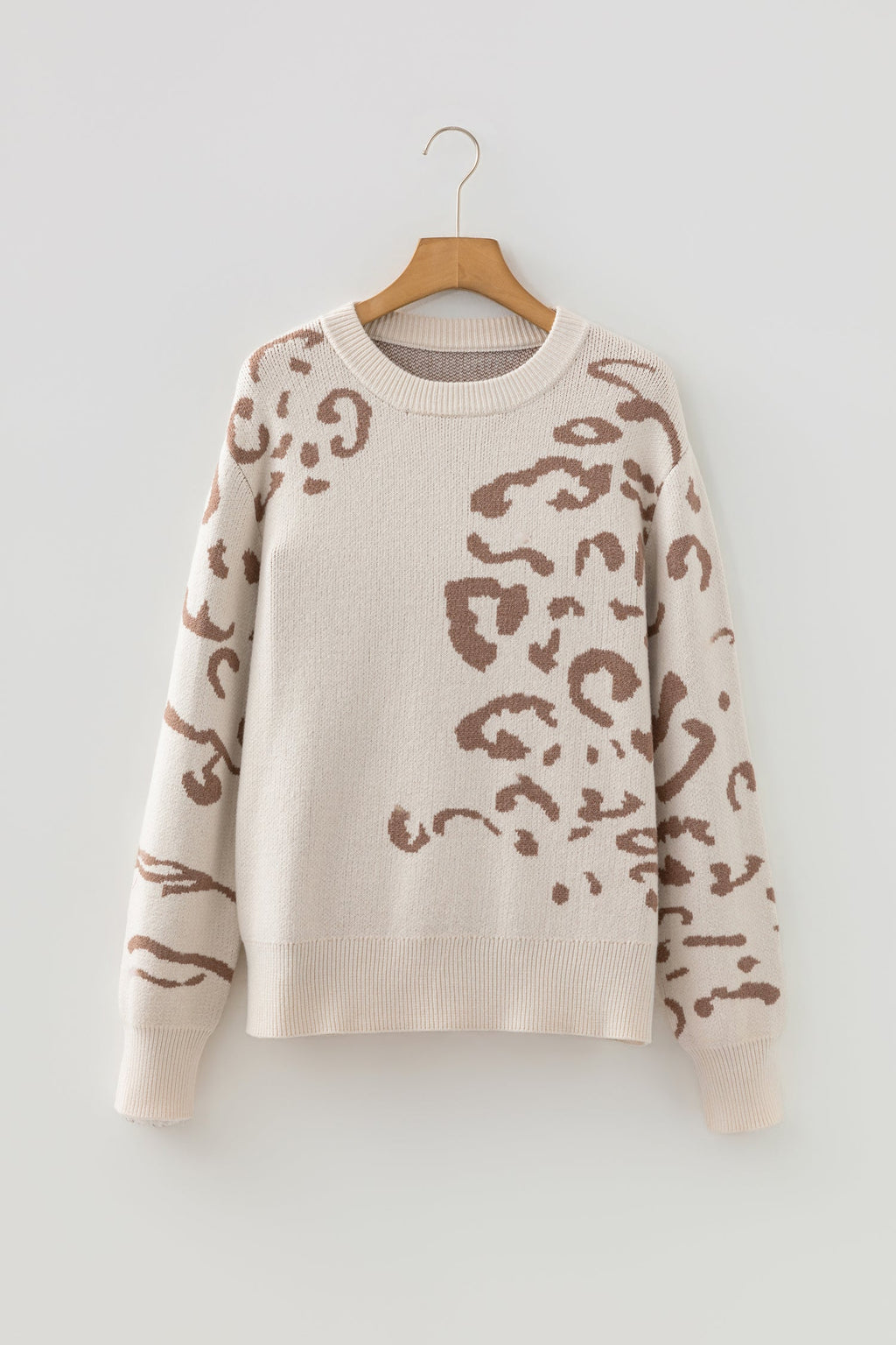 Camel Asymmetric Leopard Print Drop Shoulder Sweater