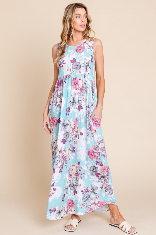 Floral Sleeveless Maxi Dress with Pockets - Flowing Summer Style