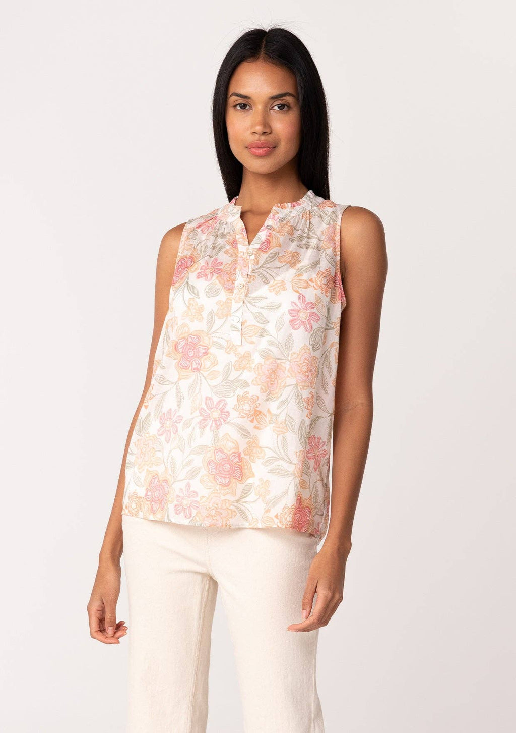 Sheer Floral Button Front Ruffle Neck Tank in Natural and Coral