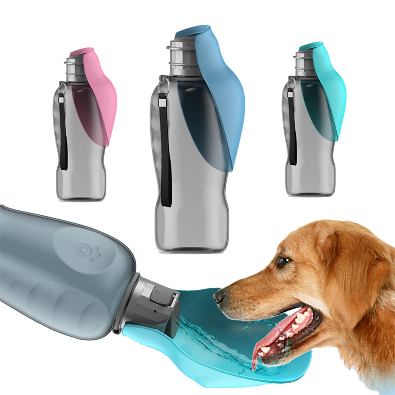 800ml portable dog water bottle with integrated folding bowl in grey, pink, and blue