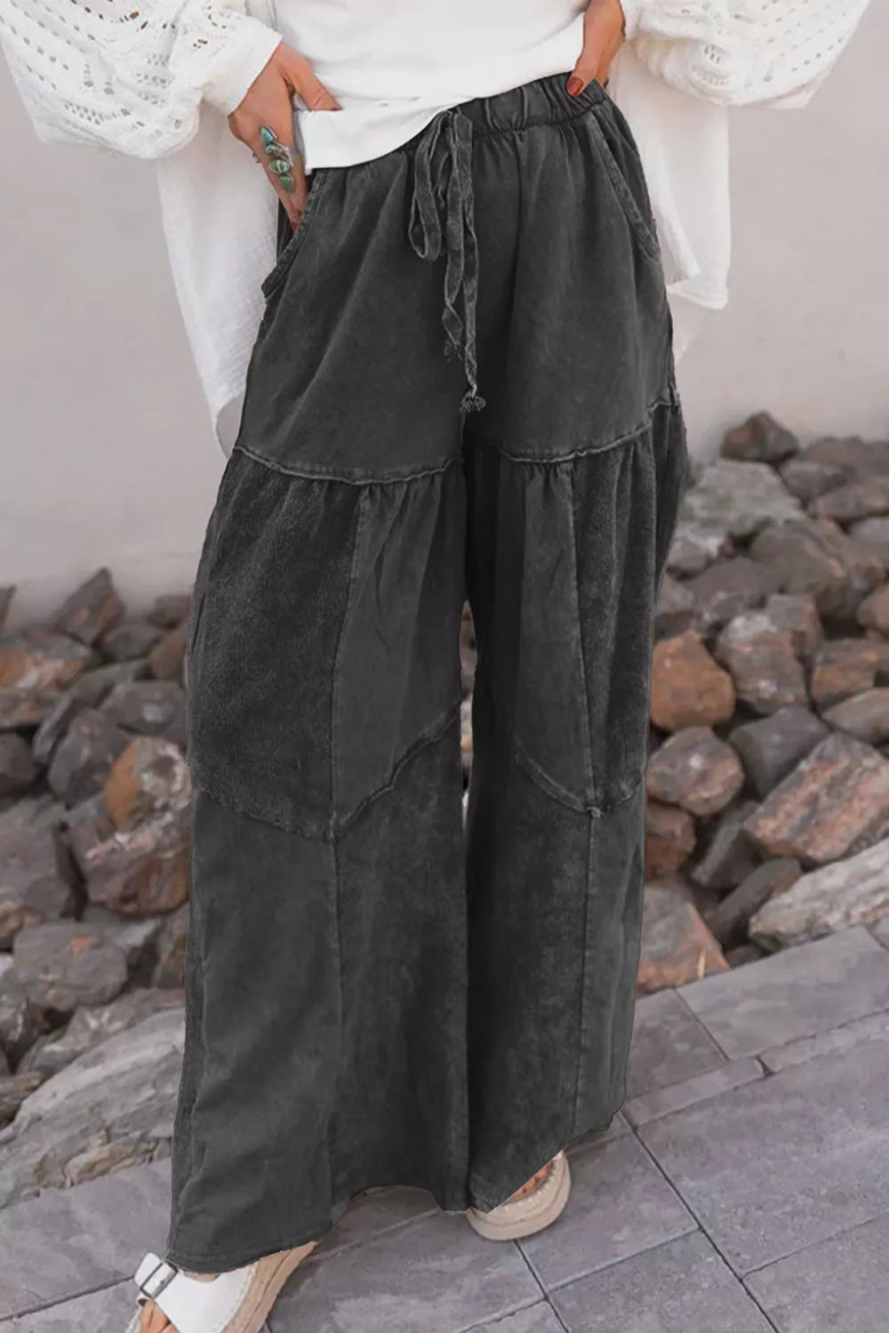 Mineral Wash Tiered Wide Leg Patchwork Drawstring Pants