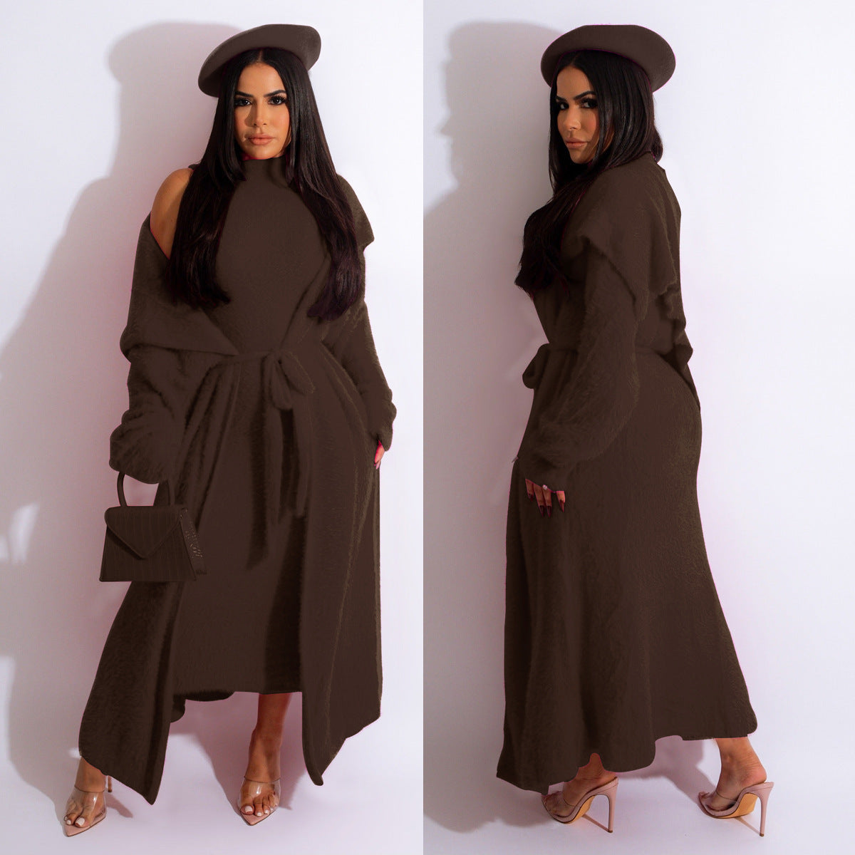 Minimalist Velvet Two-Piece Dress and Long Cardigan Set