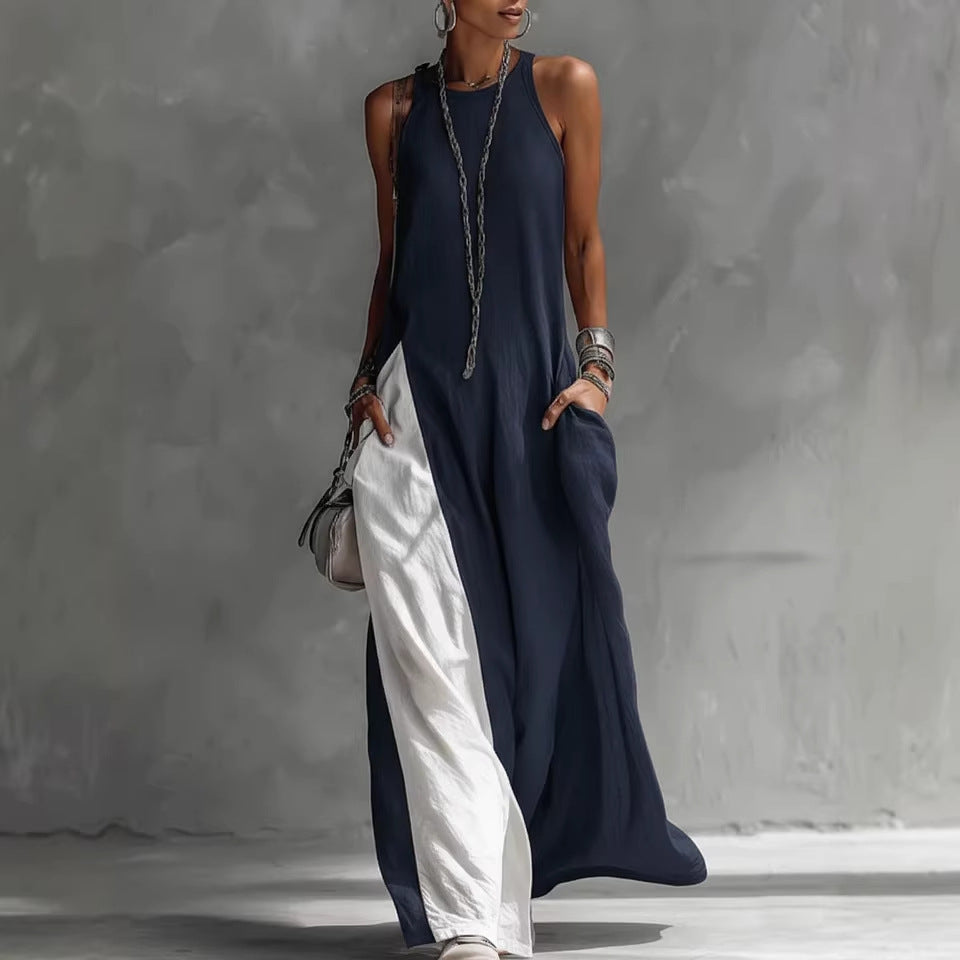 Women's Colorblock Sleeveless Maxi Dress with Side Pockets - Image 2
