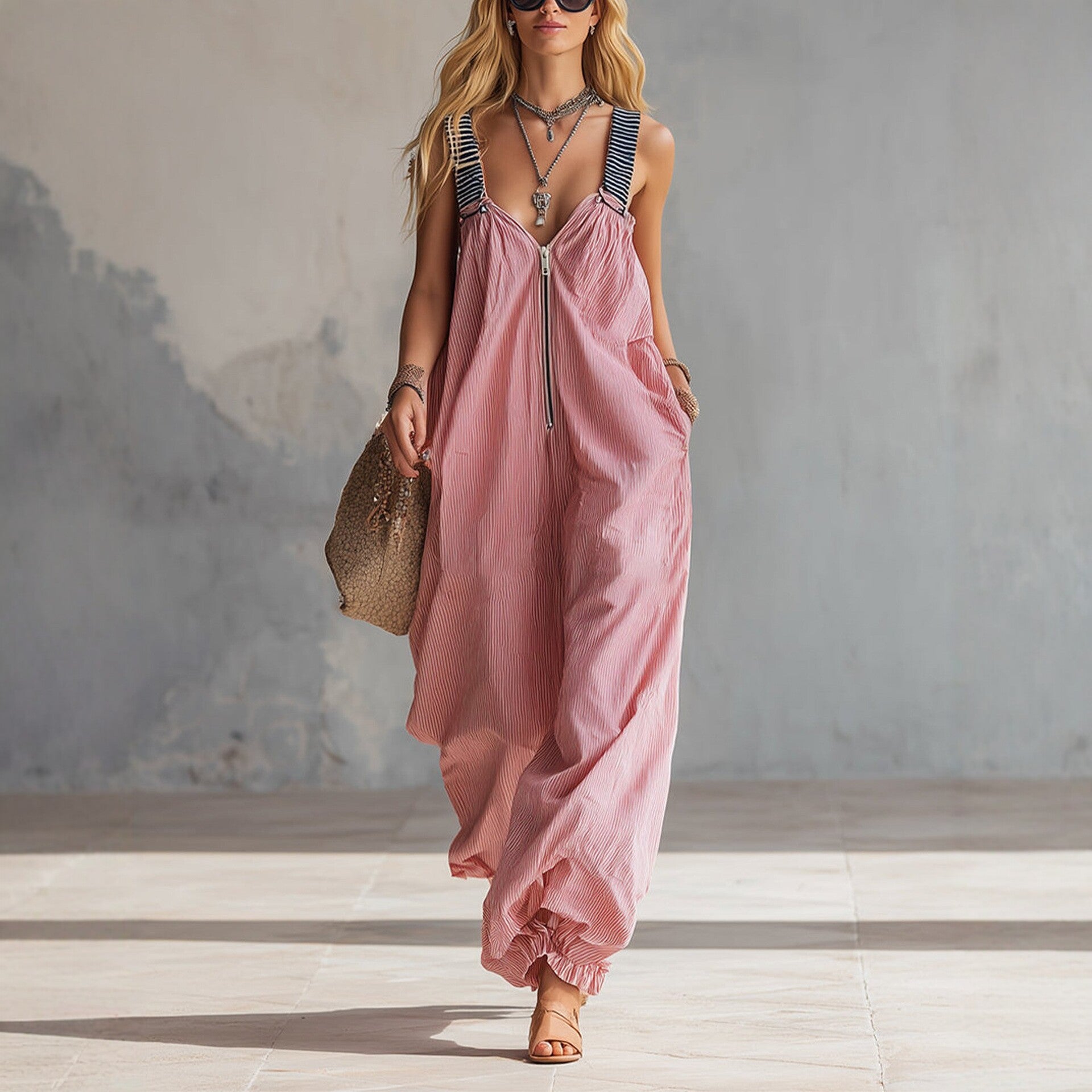 Women's Striped Zip-Front Sleeveless Jumpsuit in Pink - Image 3