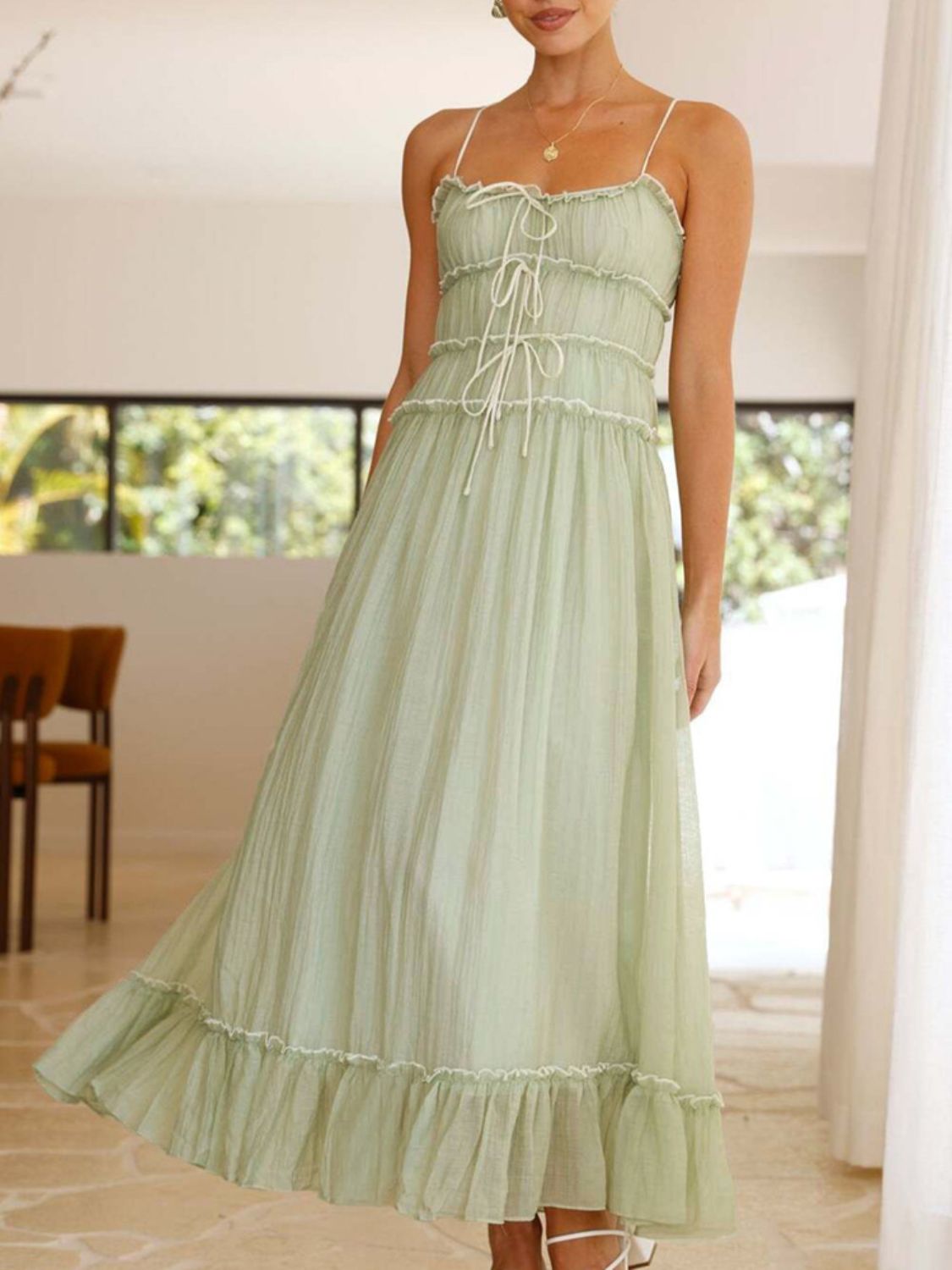 Girls Vintage Ruffled Hem Midi Dress with Tied and Ruched Detail