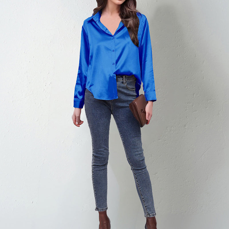 Women’s Satin Lapel Button-Down Blouse Long Sleeve Shirt