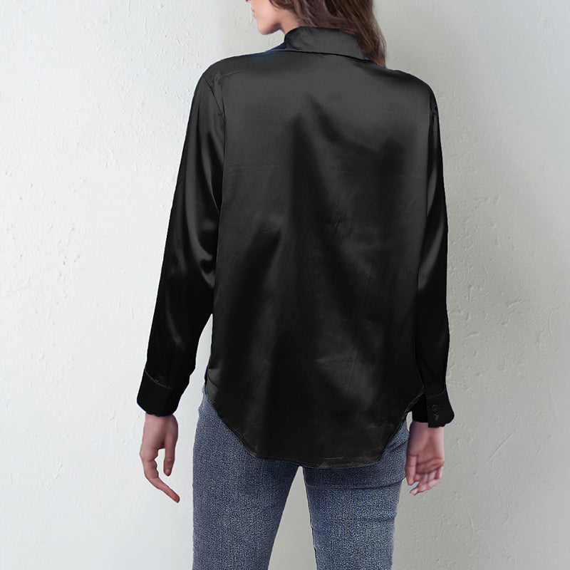 Women’s Satin Lapel Button-Down Blouse Long Sleeve Shirt