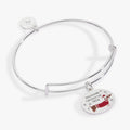 Silver tone charm bangle featuring a Dachshund dog and holiday-themed enamel accents.
