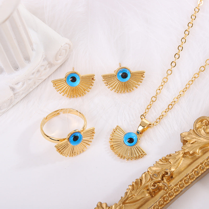 Evil Eye Fan Pendant Necklace Jewelry Set - Gold-Plated Bohemian