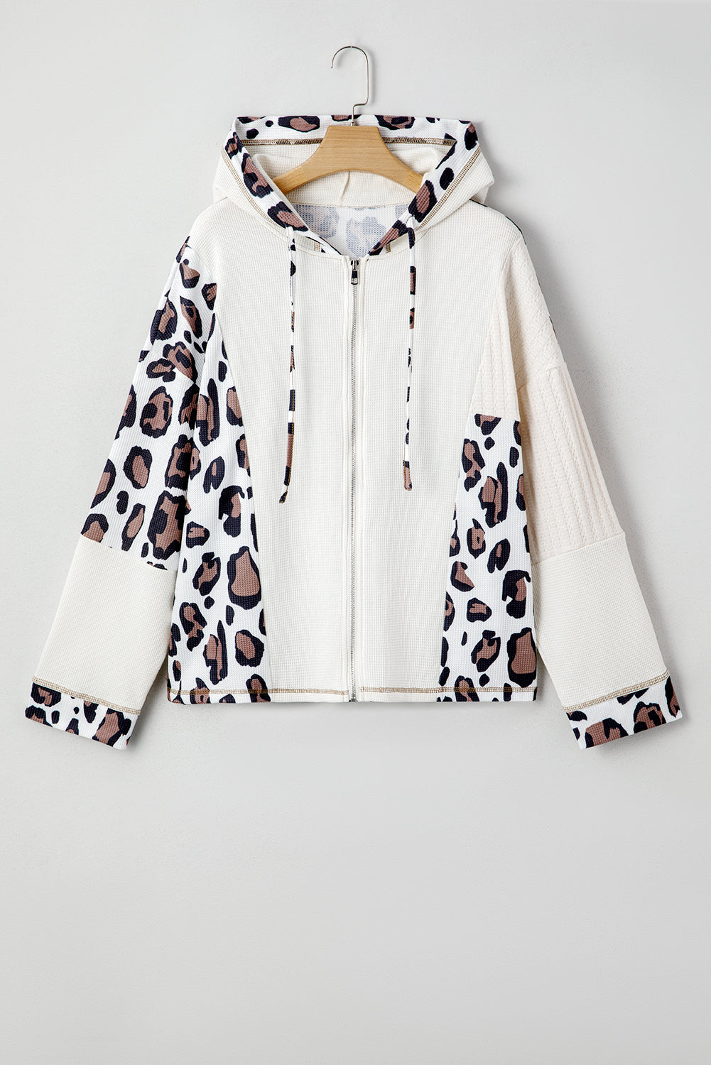 Apricot Leopard Mixed Texture Patchwork Zip Up Drop Shoulder Hoodie