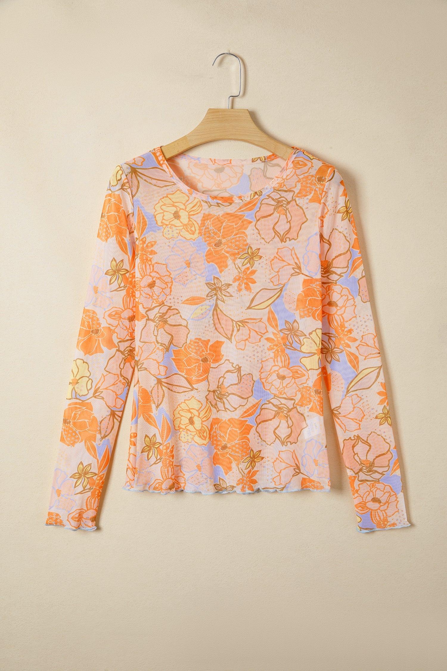 Floral Slim Fit Long Sleeve Top with Lettuce Trim