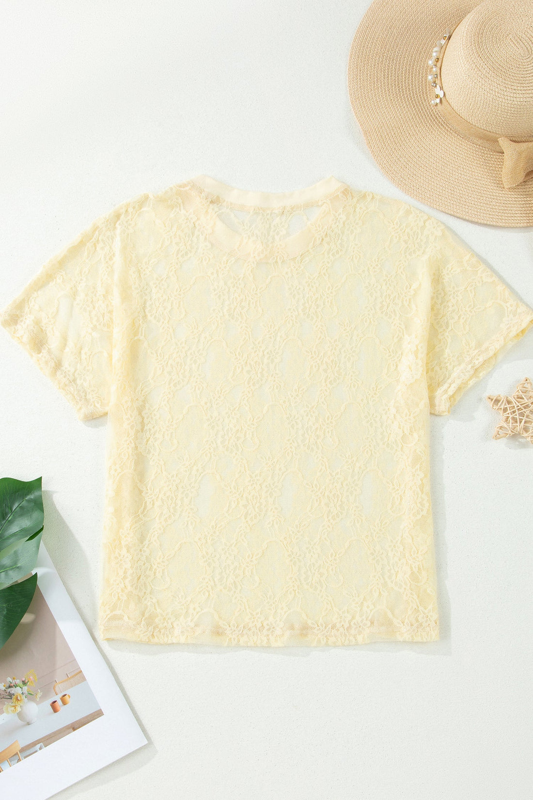 Solid Sheer Lace Short Sleeve Boxy Tee with Drop Shoulders