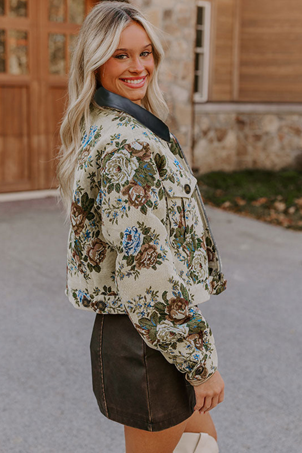 Khaki Floral Print Zip Up Contrast Collared Jacket
