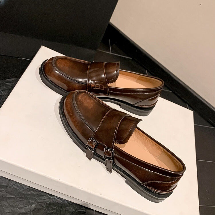 Women's Chunky Heel Buckle Loafers Preppy Academic Style
