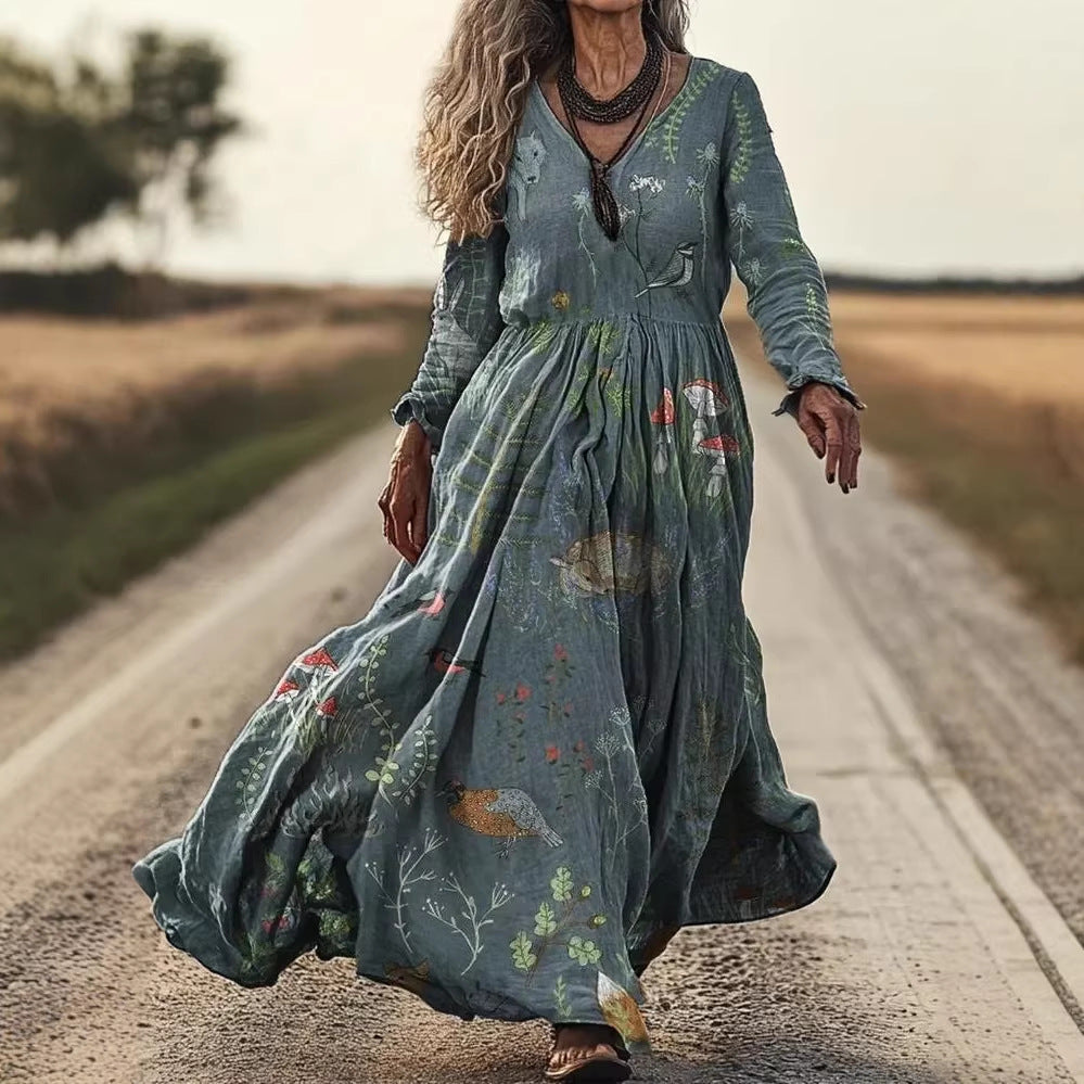 Women's Retro Chic V-Neck Long-Sleeve A-Line Maxi Dress - Image 4