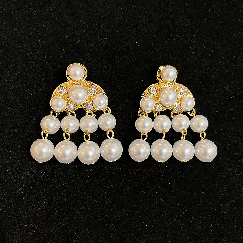 Women French Retro Rhinestone Pearl Tassel Dangle Stud Earrings,Vintage Style Heavy Craft Elegant Versatile Fashion Jewelry For Daily Banquet Occasion