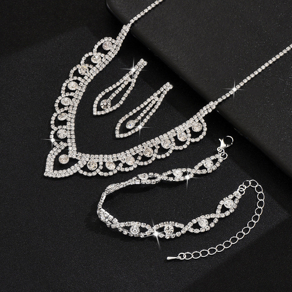 European And American Lace Rhinestone Silver Necklace Earrings Bracelet Niche Elegant Clavicle Chain Fashion Accessible Luxury Jewelry Set