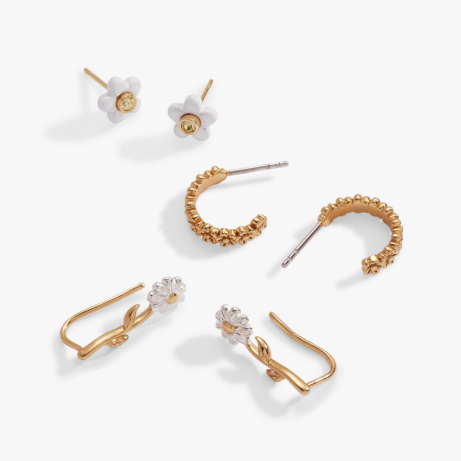 Daisy Flower Stud and Huggie Hoop Earring Set of 3, Mixed Metal