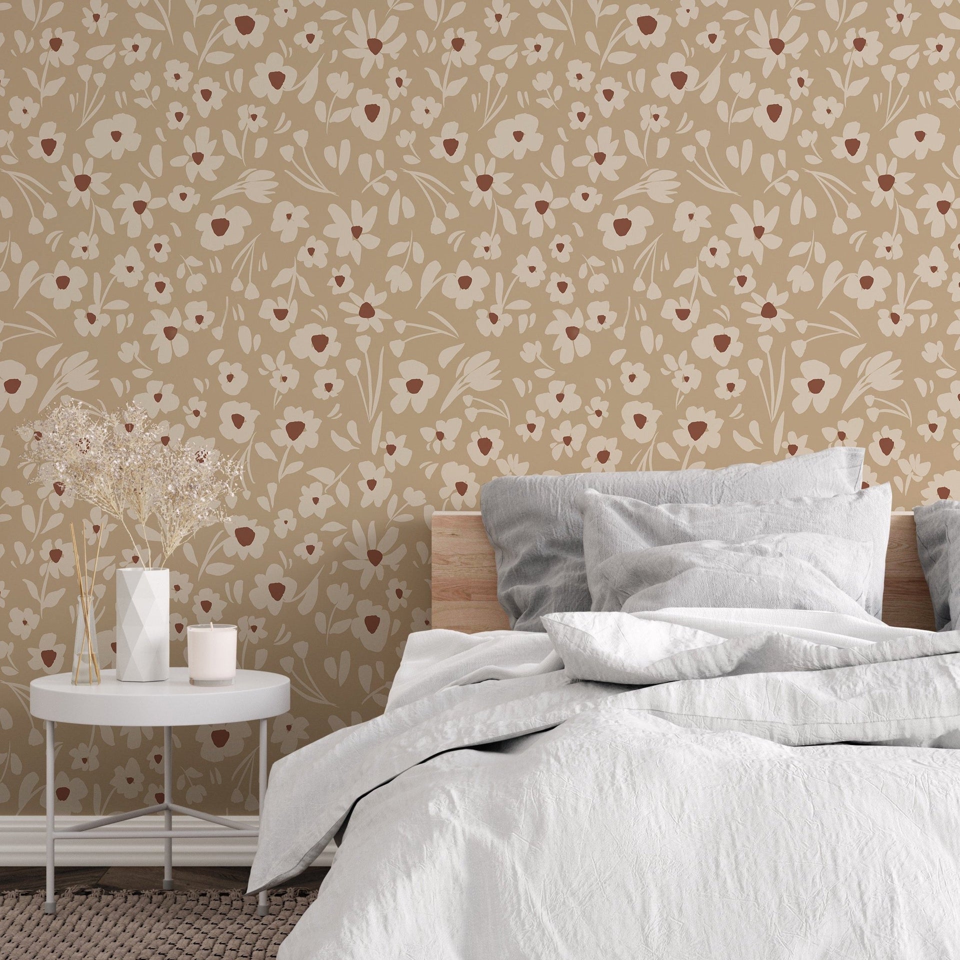 Laurel floral wallpaper in neutral tan, cream, and terracotta tones
