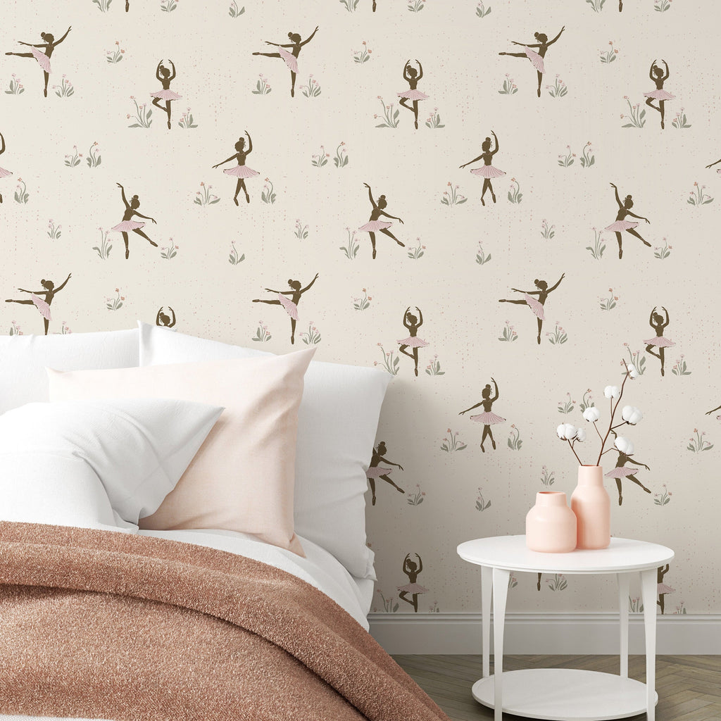 Allegra Whimsical Wallpaper - Cream, Dusty-Rose, and Sage-Green