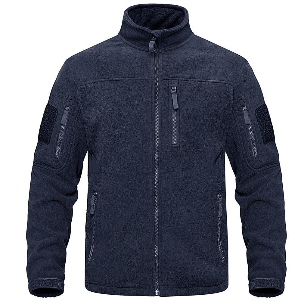 Dark blue tactical-style fleece windbreaker with multiple pockets, ideal for outdoor hiking and work wear.