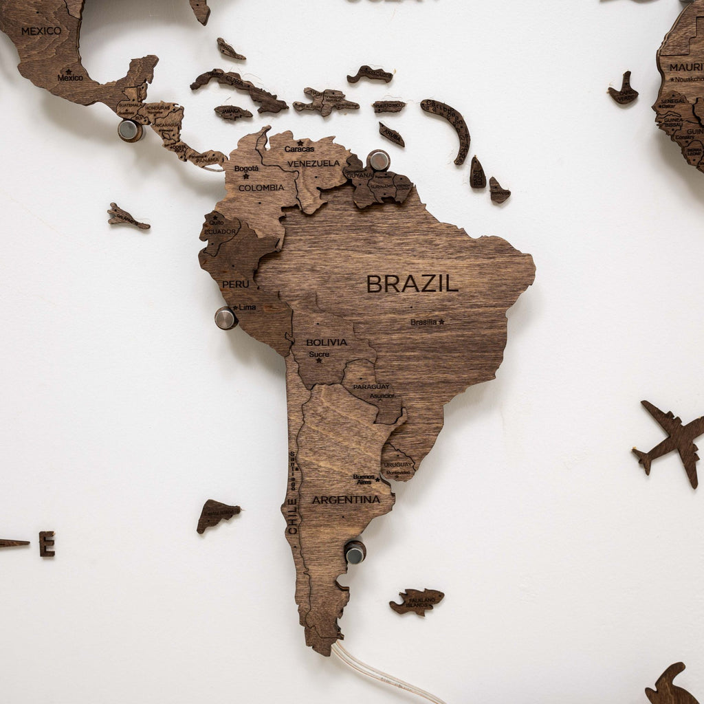 Dark Walnut LED Wooden World Map 3.0, Modern Wall Art