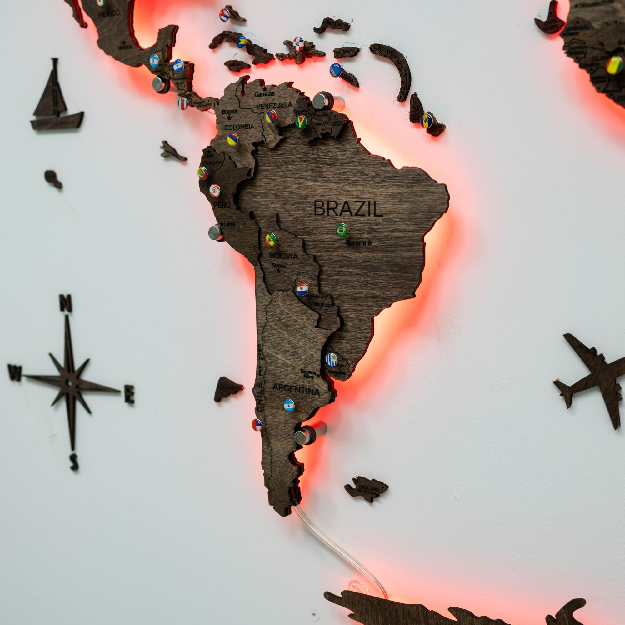 Dark Walnut LED Wooden World Map 3.0, Modern Wall Art