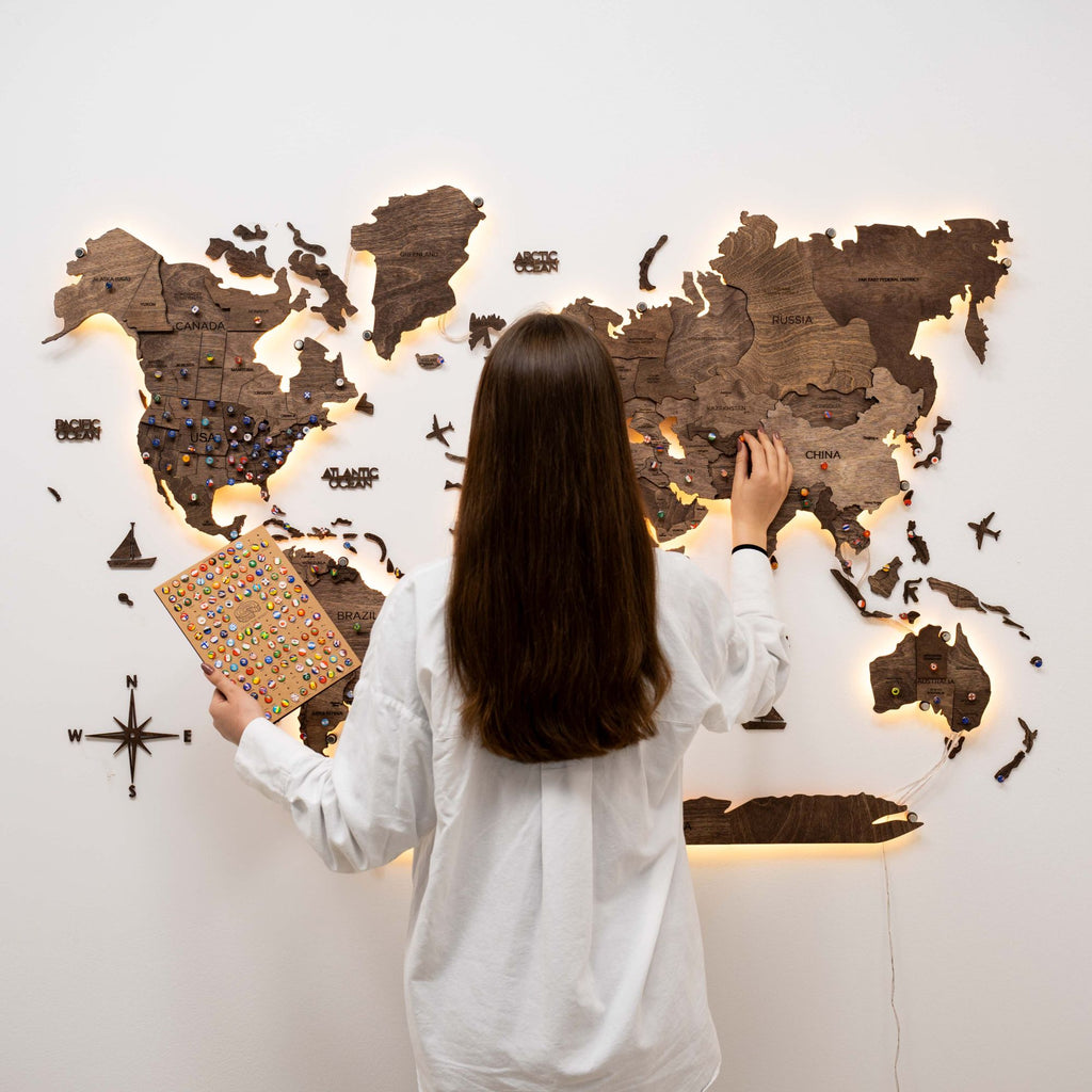 Dark Walnut LED Wooden World Map 3.0, Modern Wall Art