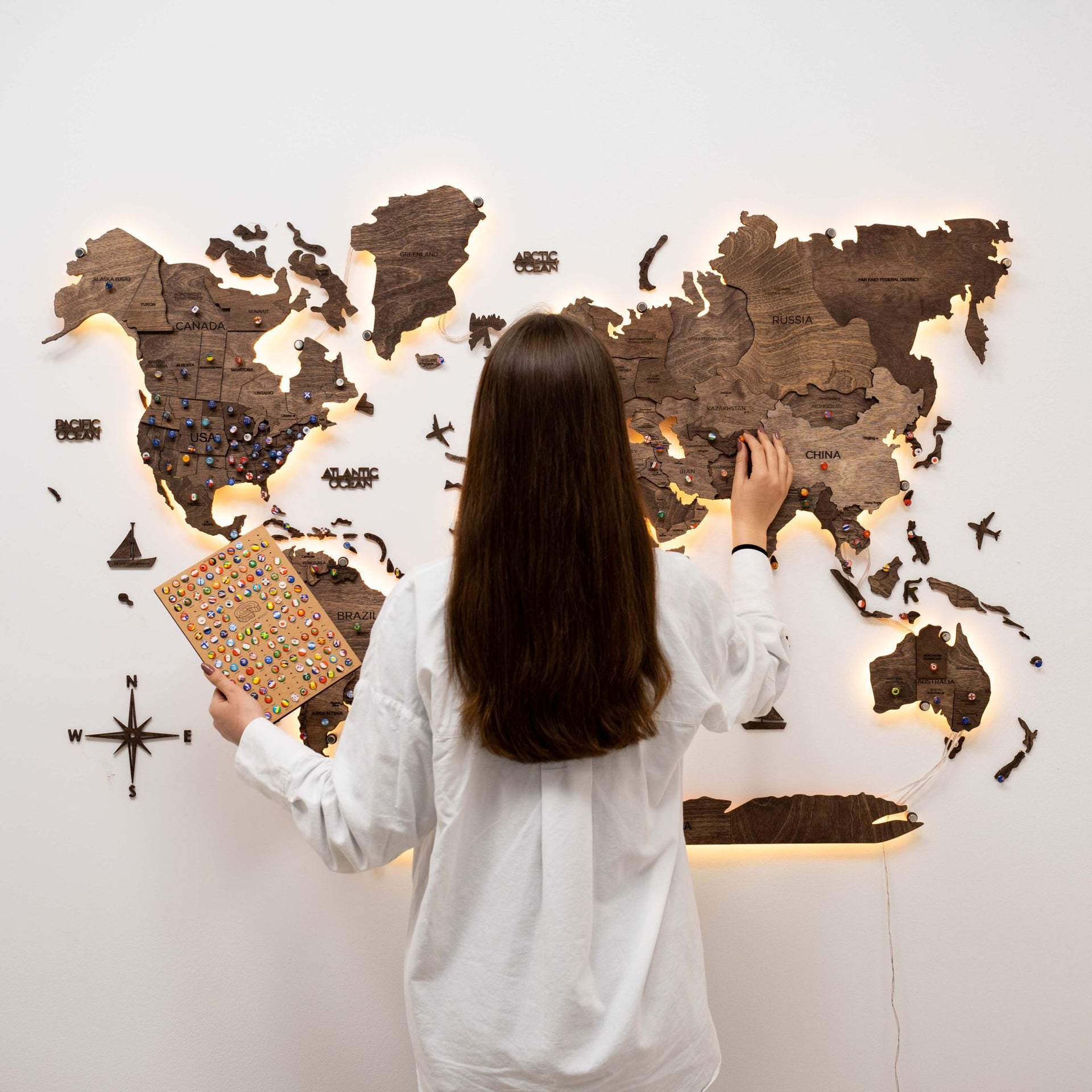 Dark Walnut LED Wooden World Map 3.0, Modern Wall Art