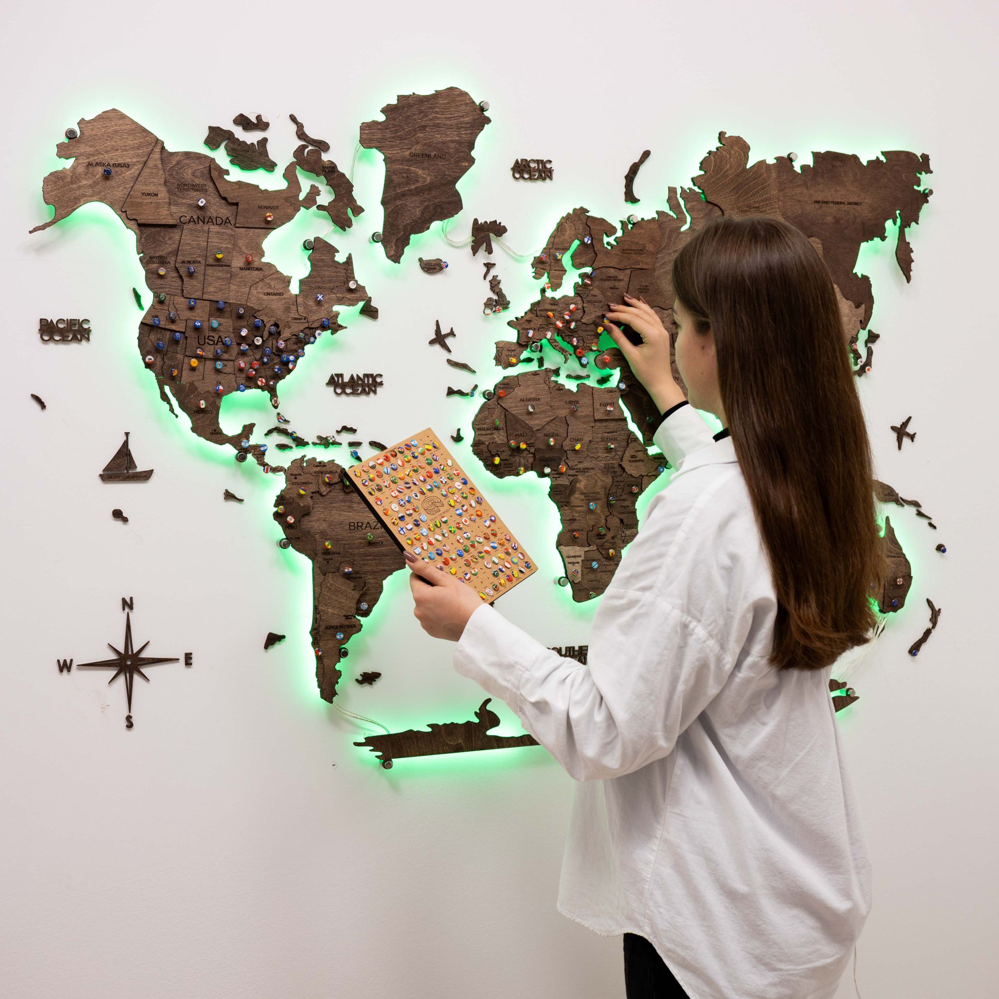 Dark Walnut LED Wooden World Map 3.0, Modern Wall Art