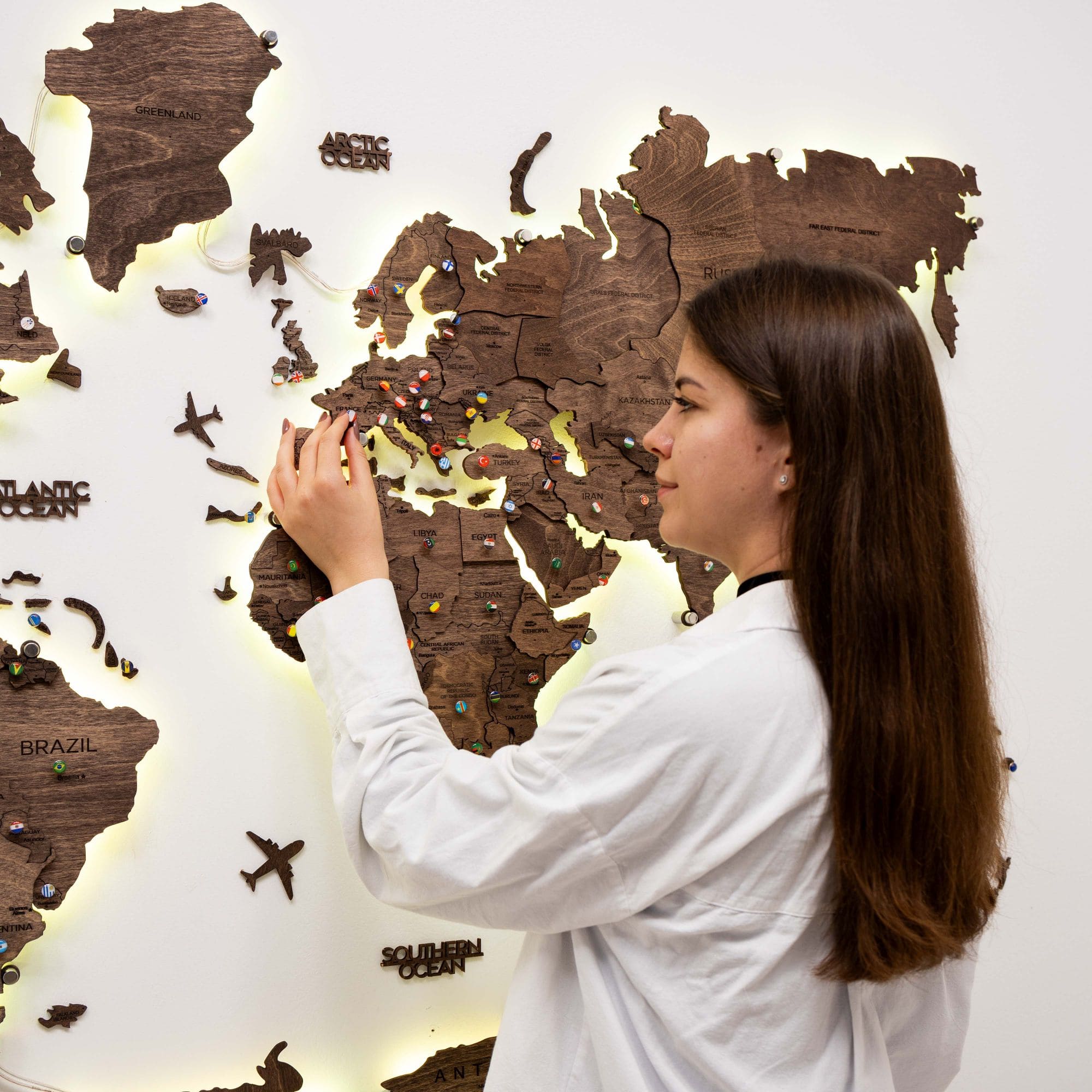 Dark Walnut LED Wooden World Map 3.0, Modern Wall Art