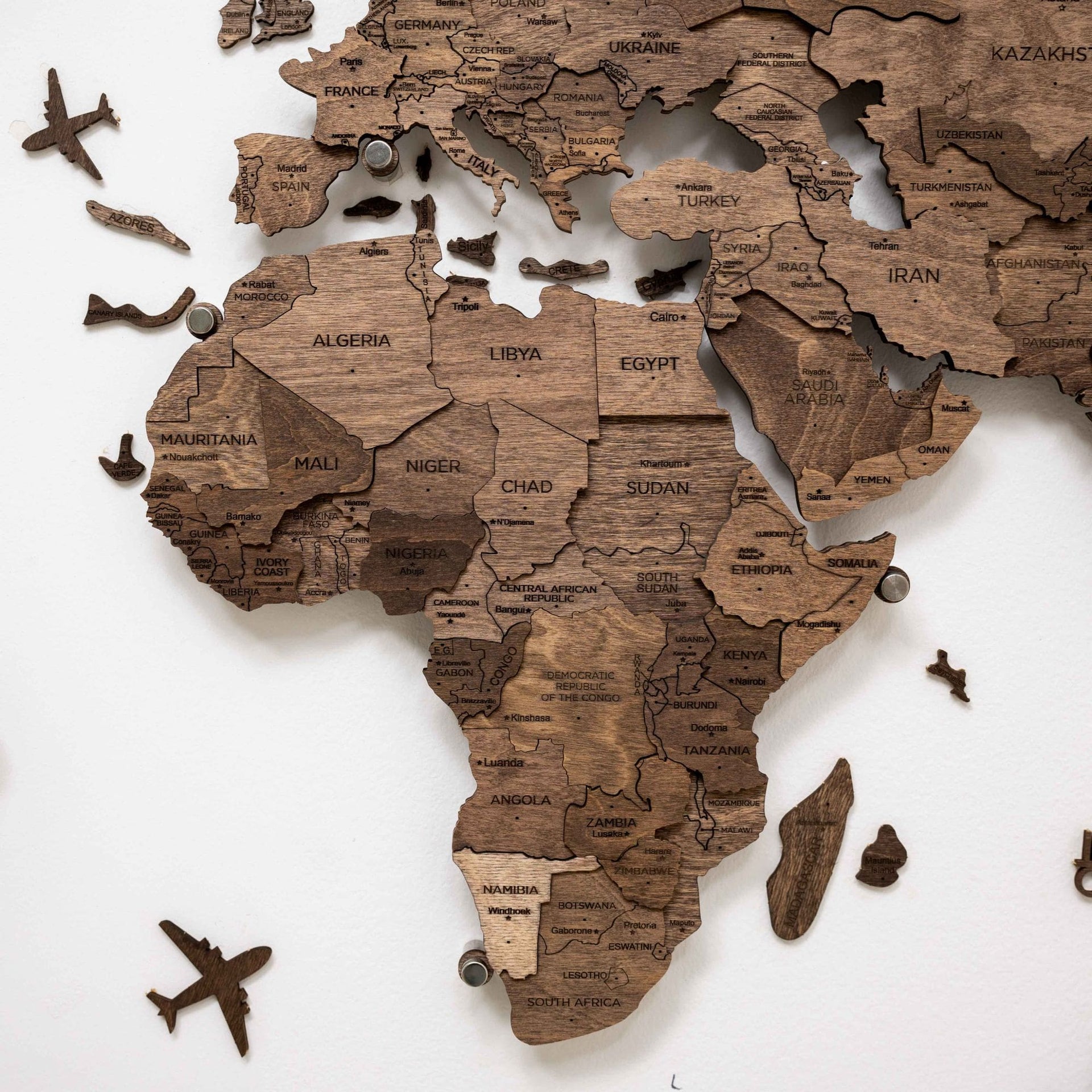 Dark Walnut LED Wooden World Map 3.0, Modern Wall Art