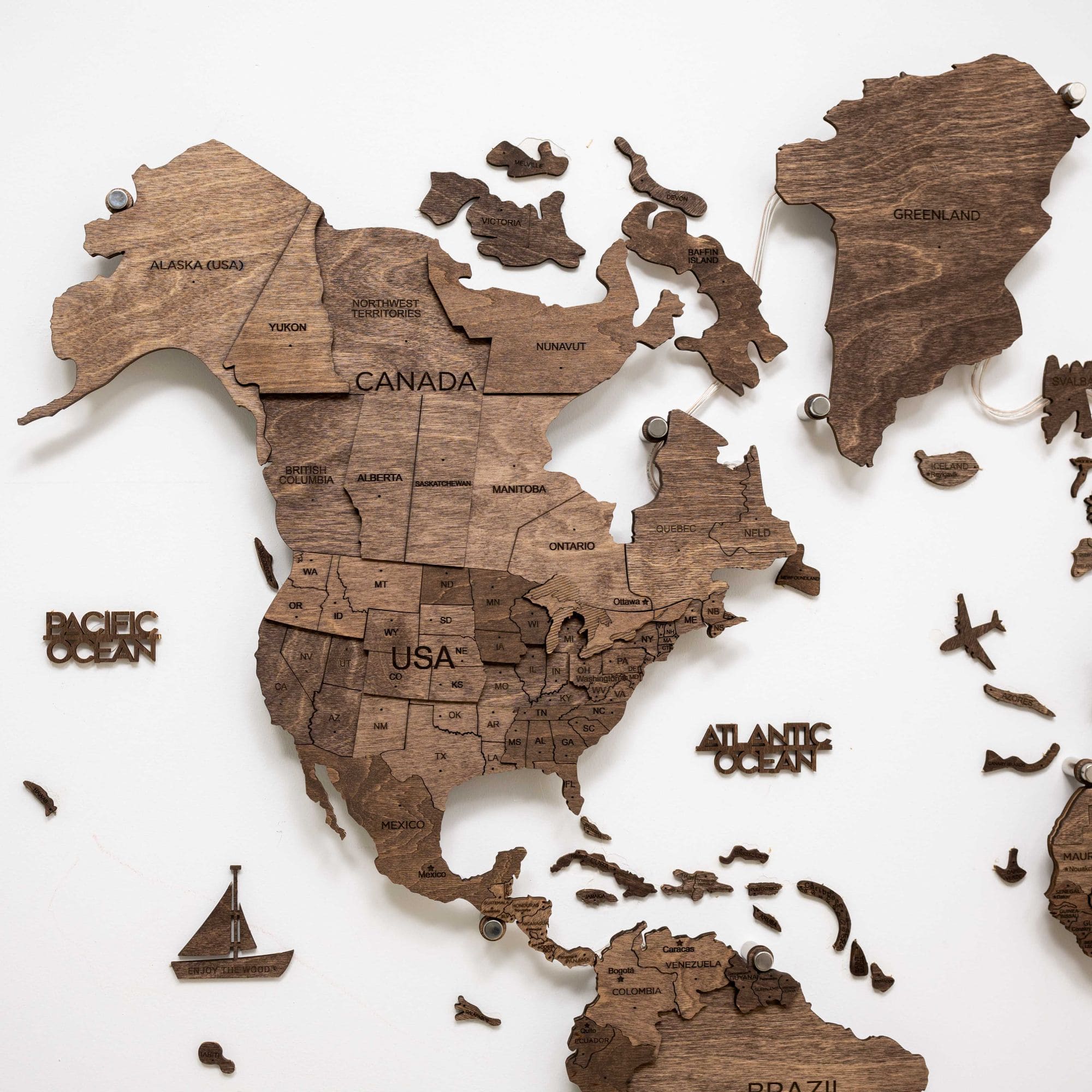 Dark Walnut LED Wooden World Map 3.0, Modern Wall Art