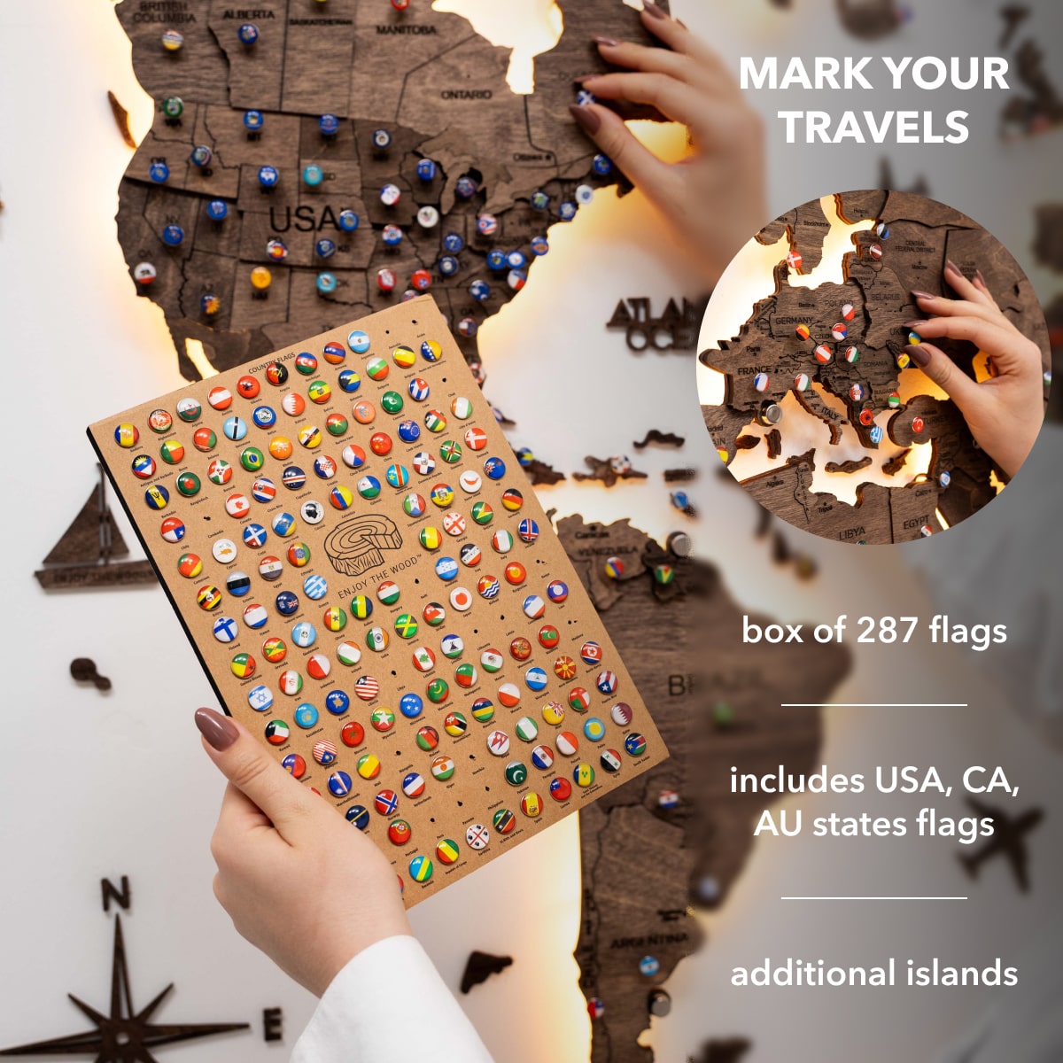 Dark Walnut LED Wooden World Map 3.0, Modern Wall Art