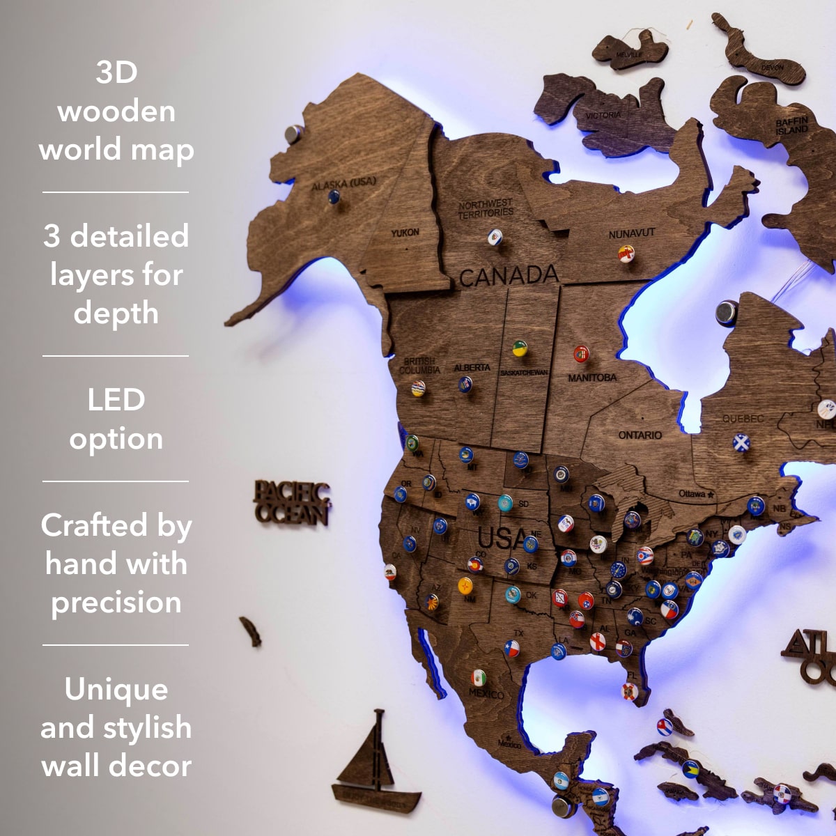 Dark Walnut LED Wooden World Map 3.0, Modern Wall Art