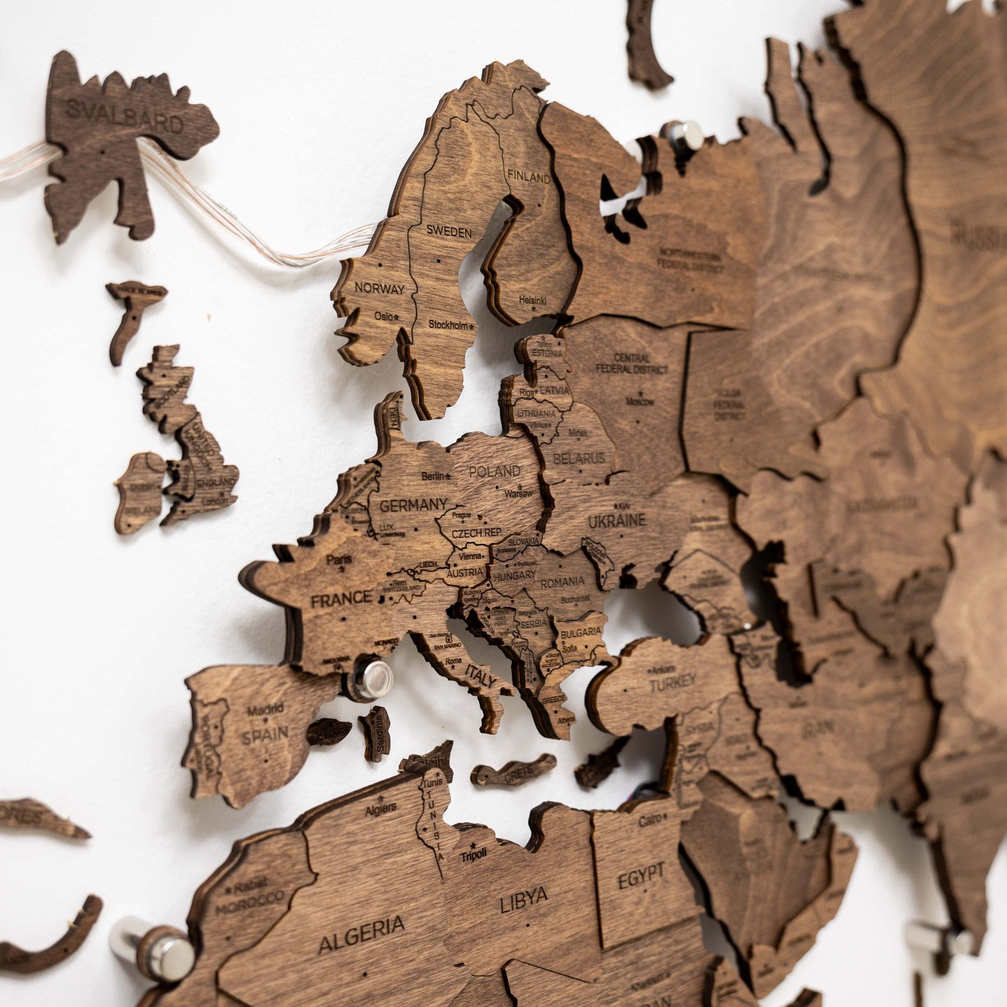 Dark Walnut LED Wooden World Map 3.0, Modern Wall Art