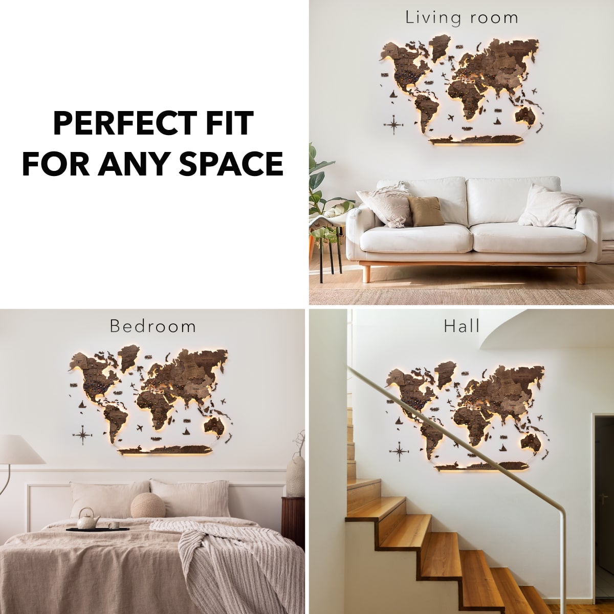 Dark Walnut LED Wooden World Map 3.0, Modern Wall Art