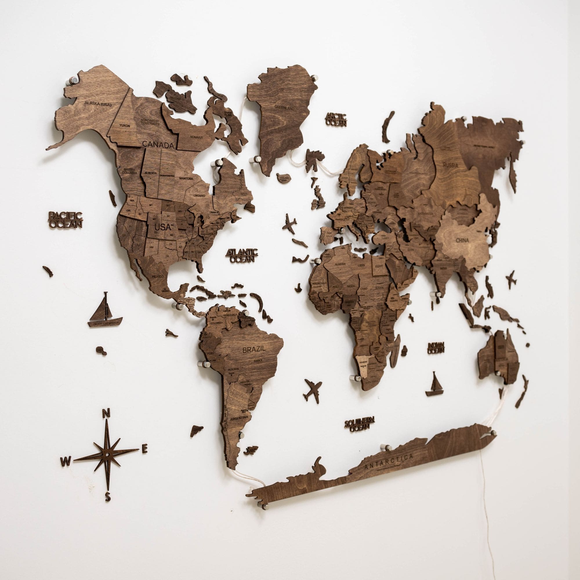 Dark Walnut LED Wooden World Map 3.0, Modern Wall Art
