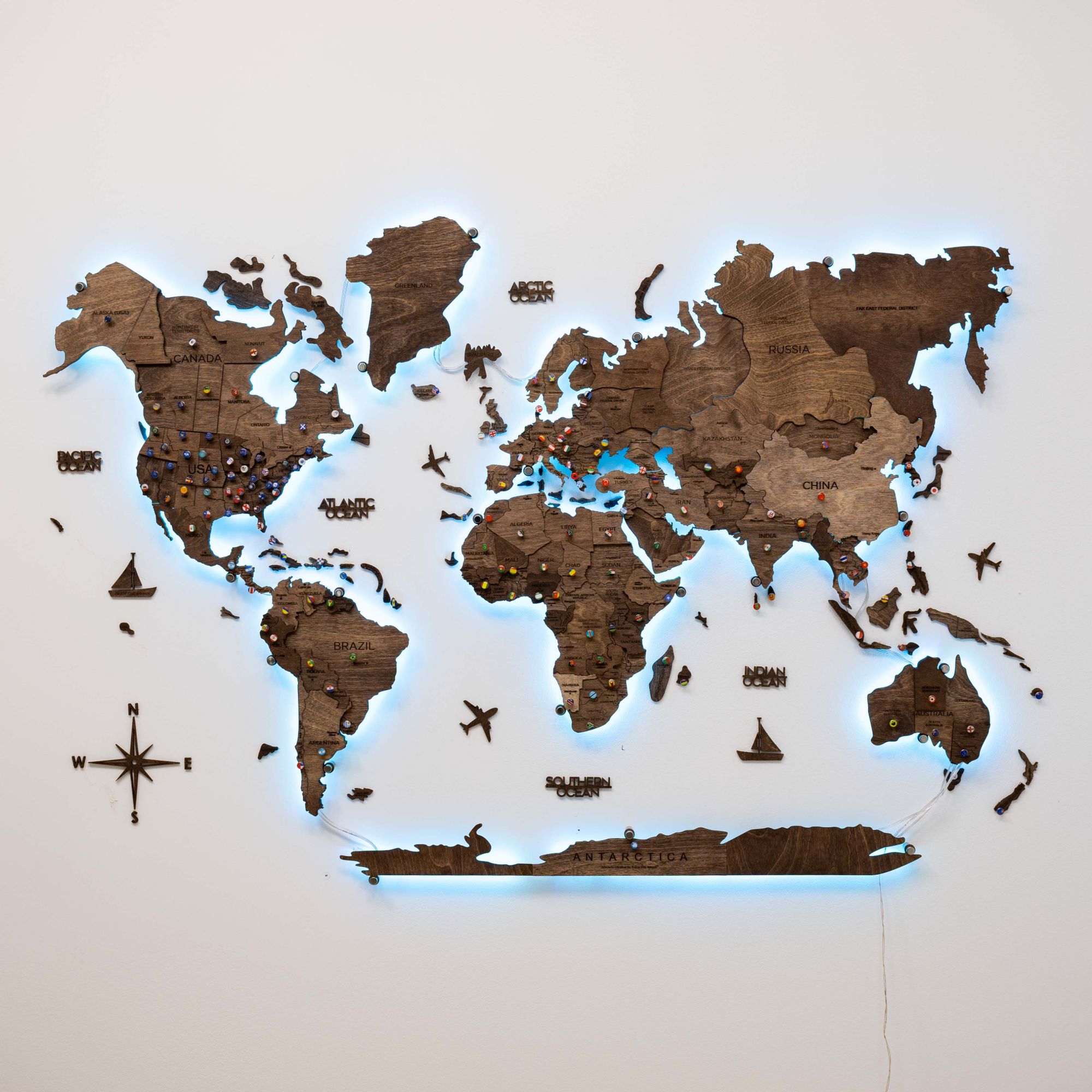 Dark Walnut LED Wooden World Map 3.0, Modern Wall Art